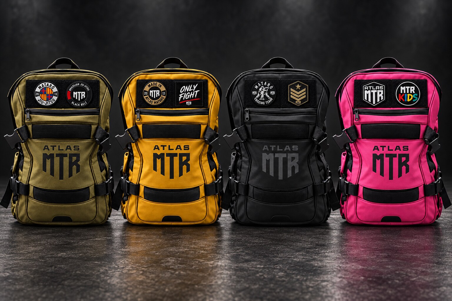 Las cuatro mochilas Atlas MTR: verde, amarilla, negra y rosa